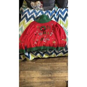 Holiday Time Sweater Red Green Christmas Oh What Fun Tinsel Jingle Bells Size L